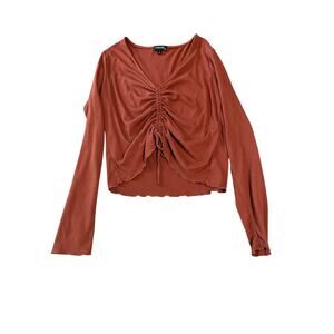 NWOT Originality Large Rust Orange Brown Long Sleeve‎ Cropped Ribbed Lettuce Hem